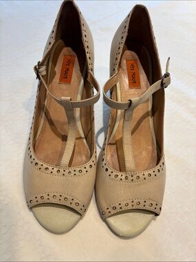 Miz Mooz Neutral Beige T-Strap Perforated Peep-Toe Heels